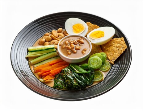 indonesian pecel vegetables with peanut sauce egg and crackers isolated background