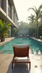 Fototapeta premium Wooden lounge chair by the pool in a tropical resort setting 
