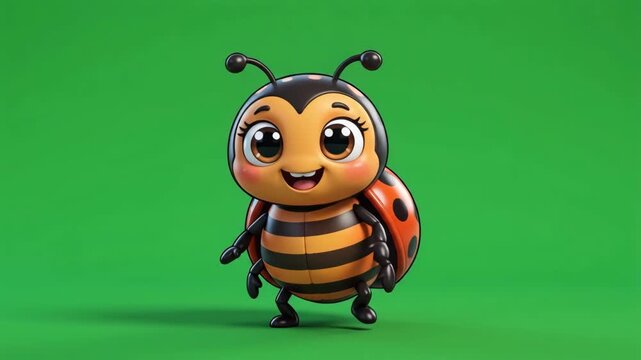 Cute 3D rendered cartoon ladybug character with a friendly expression on a vibrant green background.