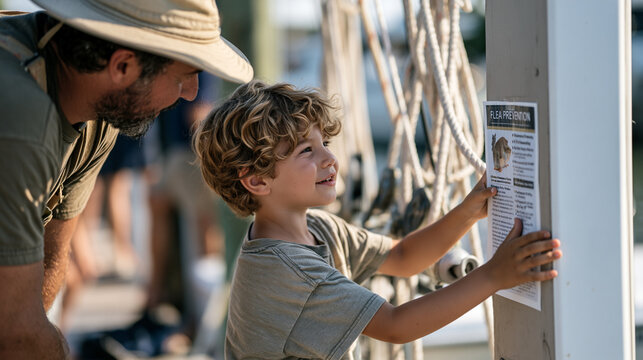 Child at eye level in a crowded marina watching a nautical rigger splice rope overhead, close perspective framing the child's fascinated face against a tangle of rigging lines and