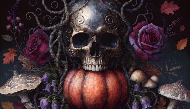 Gothic Halloween Skull and Pumpkin with Dark Floral Floral Elements