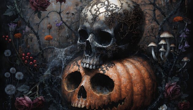 Gothic Halloween Skull and Pumpkin with Dark Floral Floral Elements