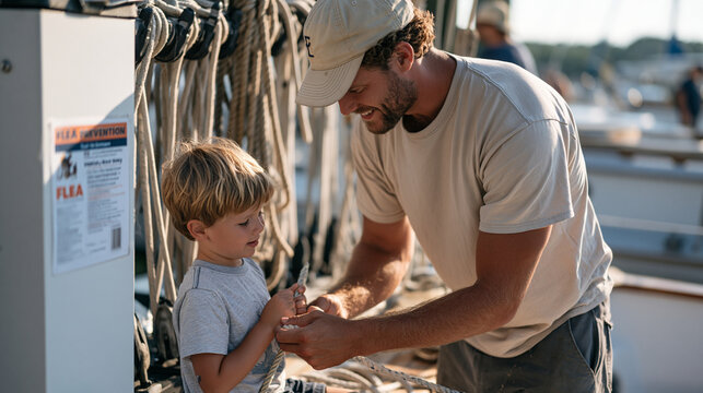 Child at eye level in a crowded marina watching a nautical rigger splice rope overhead, close perspective framing the child's fascinated face against a tangle of rigging lines and