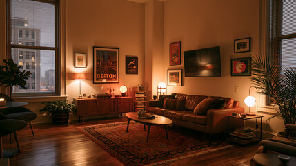 Fototapeta premium Cozy Urban Living Room at Dusk: A warm, inviting living room with mid-century modern furniture, ambient lighting, and city views through a large window, creating a sense of sophisticated comfort.