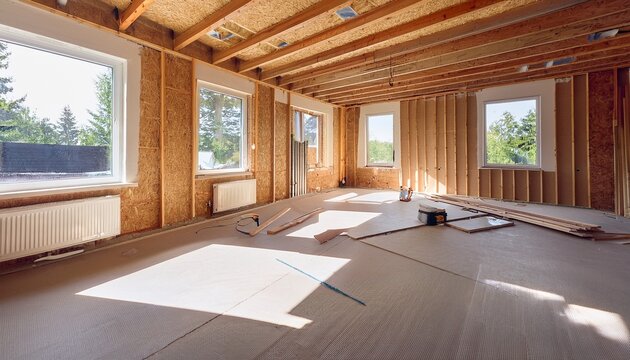 unfinished residential interior with drywall installation in sunlit room during construction phase