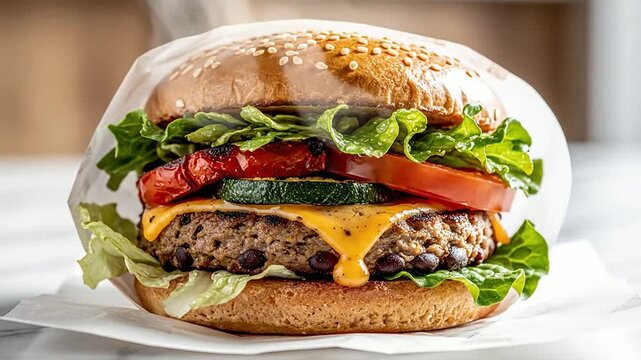 Delicious Hot Veggie Burger With Fresh Vegetables And Cheese Presented In A Blank Paper Sleeve With Steam Rising