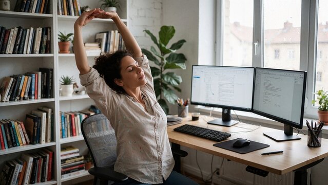 A woman taking a stretching break in front of her screen