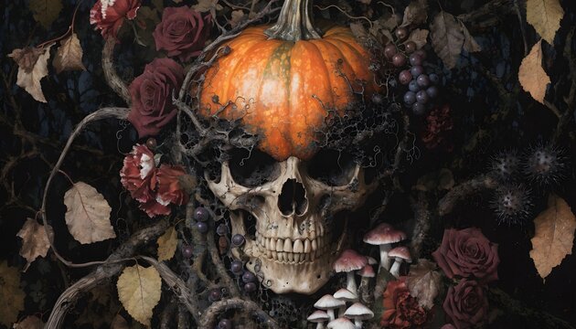 Gothic Halloween Skull and Pumpkin with Dark Roses and Autumn Vines