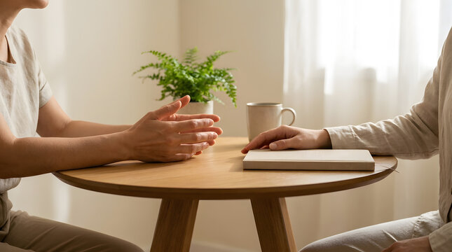 Two people sitting at a wooden table having a conversation in a bright and cozy home office setting