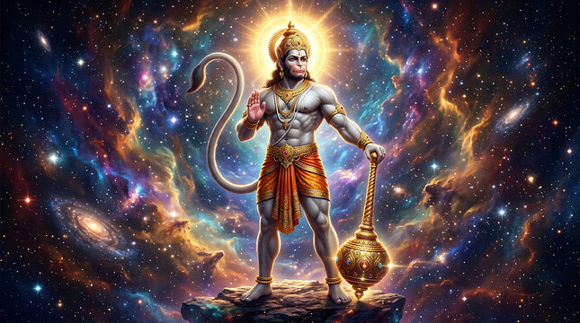 Lord hanuman standing in cosmic space with gada