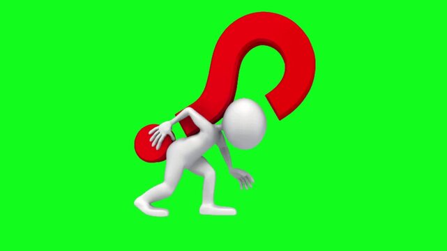 A 3D character struggling to carry a heavy red question mark symbol. 3D white character carrying a large red question mark on green screen background.