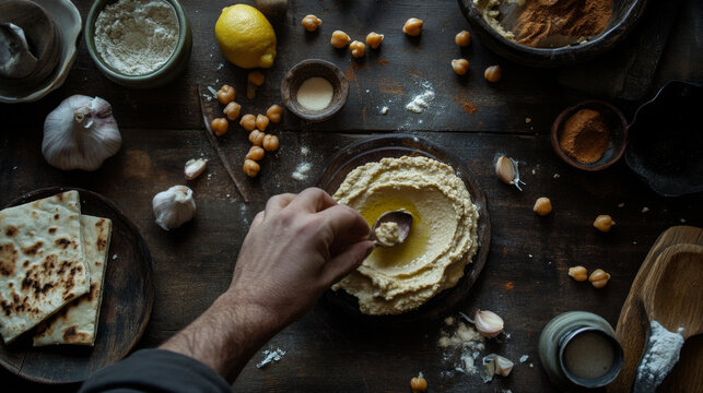 Hand Dipping Pita into Classic Hummus on Rustic Table