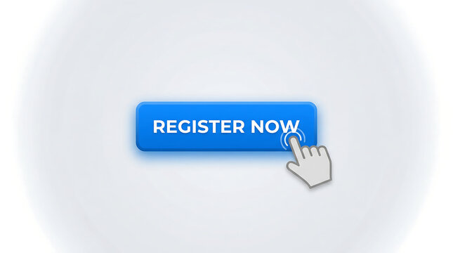 Register now blue button icon with a mouse cursor hand clicking on a white background