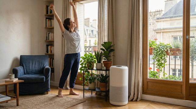 Sunlit Air Purifier Near Balcony Door in a European Apartment
