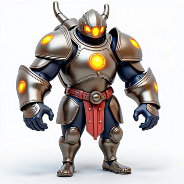 Metallic Armored Warrior with Glowing Orange Lights Isolated.