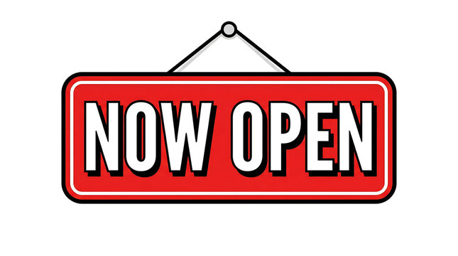 Now open sign hanging rectangular red board with bold white letters isolated on white background surface