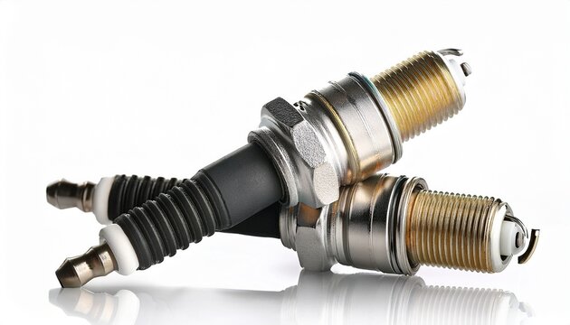 two automotive spark plugs isolated on a white background with automotive