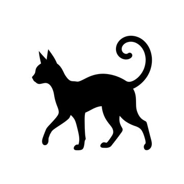 Black cat silhouette vector icon, walking feline pet shape, minimalist animal graphic for Halloween and logo design