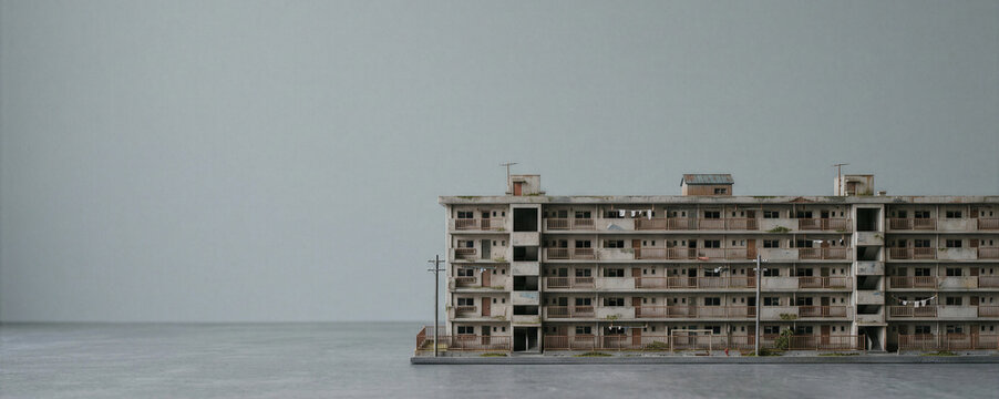 Aging Japanese Apartment Complex with Copy Space Symbolizing Housing Decline, Depopulation and Urban Renewal Challenges