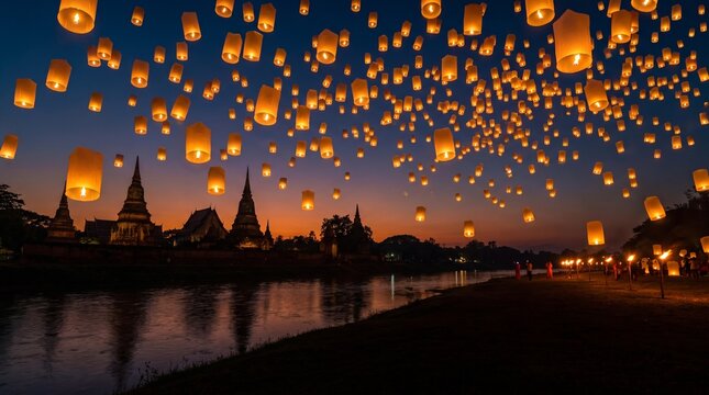 Many floating sky lanterns illuminate the night sky above a temple in Thailand.