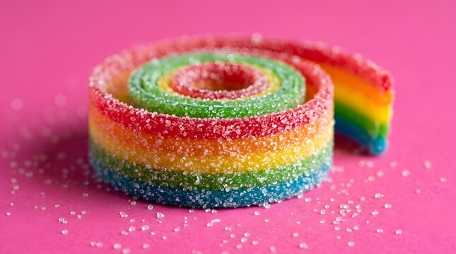 Bright rainbow candy roll on pink background sweet treat close up