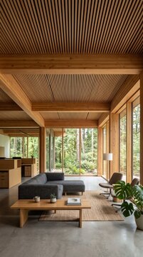 Modern Sustainable Mass Timber Office Interior with Glulam Wooden Beams Floor to Ceiling Windows and Architectural Wood Ceiling Copy Space