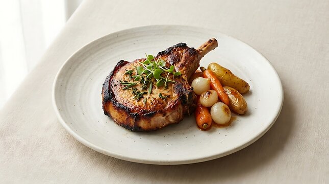 Grilled pork chop served with roasted vegetables and fresh herbs on a plate. chuleta de cerdo