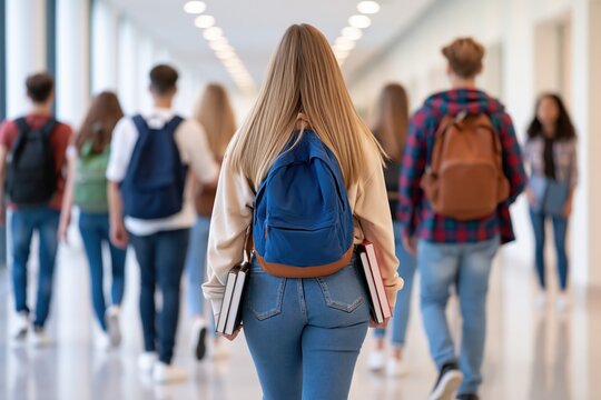 Students Walking Down School Hallway