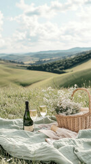Naklejka premium Scenic picnic with champagne and snacks in countryside