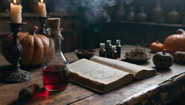 Vintage Witch Potion Bottle and Spell Book with Candles on Wooden Table