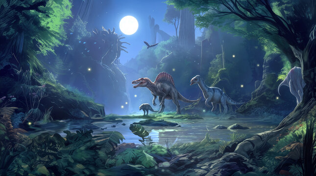 Dinosaurs gathering by river under full moon in lush jungle. Fantasy illustration of Spinosaurus and Parasaurolophus in prehistoric environment.