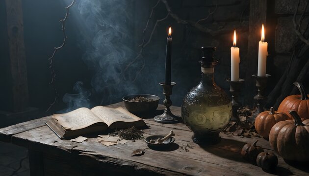 Vintage Witch Potion Bottle and Spell Book with Candles on Wooden Table