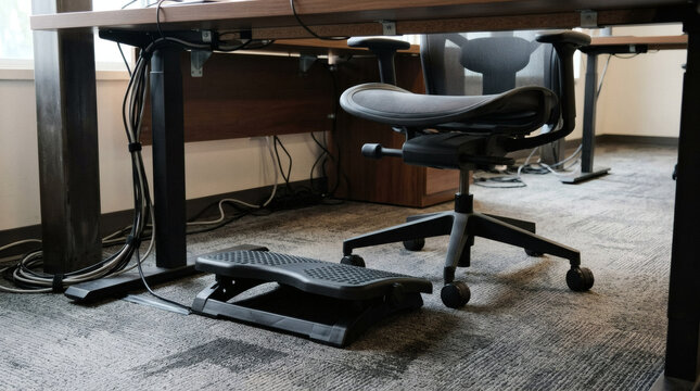 An ergonomic office chair and footrest are positioned under a desk, promoting a healthy and comfortable work setup.