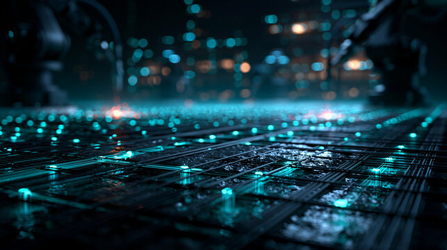 Futuristic Automated Factory Surface with Glowing Circuit Lines
