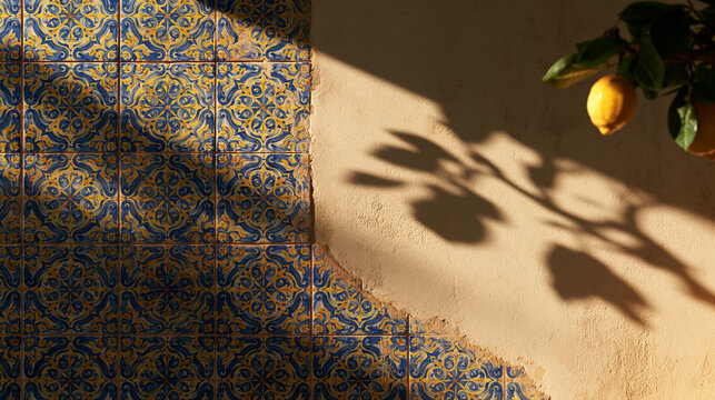 Traditional Mediterranean Azulejo Tiles with Sunny Lemon Tree Shadow