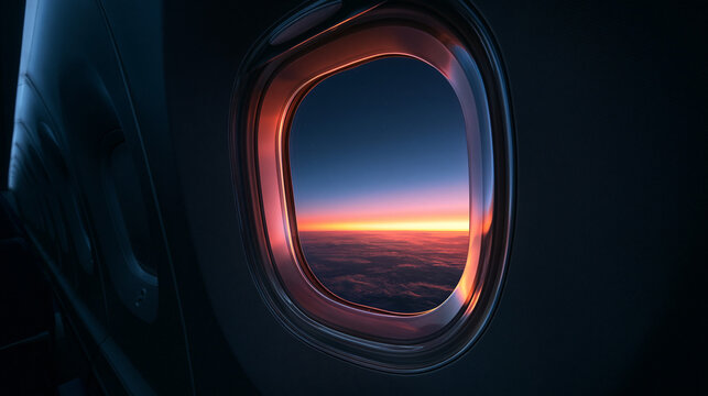Airplane Window View of Sunset Above Clouds During Flight