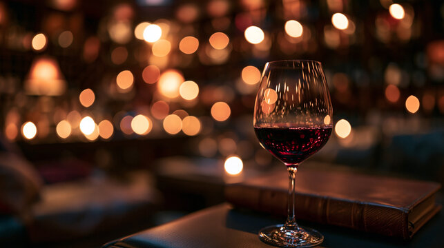 Glass of Red Wine with Warm Bokeh Lights in Cozy Bar