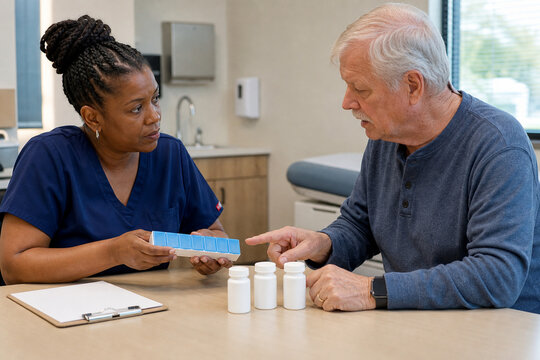 Nurse Performing Medication Reconciliation With Older Patient