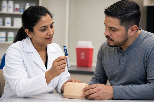 Pharmacist Teaching Insulin Pen Technique on Injection Pad