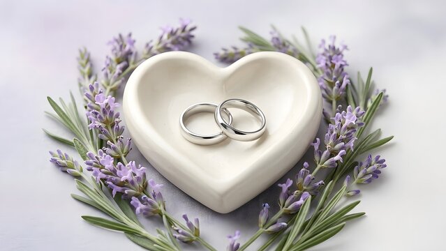 Two wedding rings inside heart shape with greenery isolated on white background, illustration