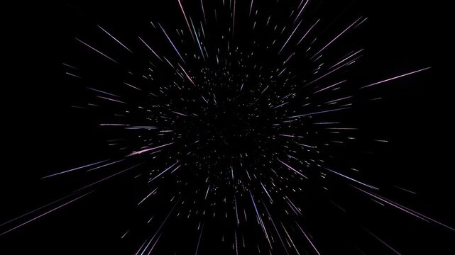 A central point of intense light radiates outward as thin streaks of white and light purple expand rapidly