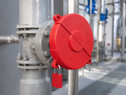 Red gate valve lockout encloses an industrial handwheel and is secured with a padlock, illustrating maintenance safety, energy isolation and accident prevention.