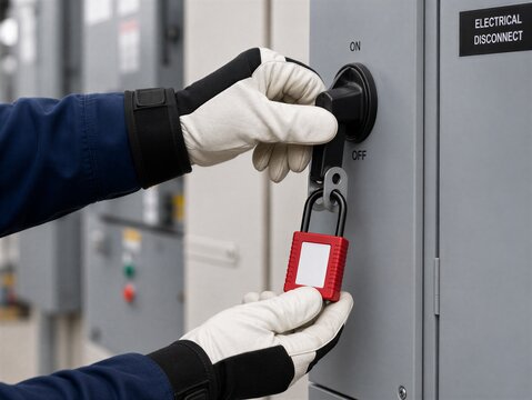 Technician locks an industrial electrical disconnect in the OFF position with a safety padlock, illustrating energy isolation and lockout maintenance procedure.