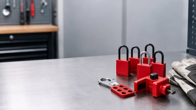 Lockout tagout kit with safety padlocks, hasp, breaker lockout device and work gloves on a metal bench, representing industrial maintenance and energy isolation.