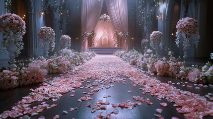 Fototapeta premium Elegant Wedding Aisle Decorated with Rose Petals and Flowers