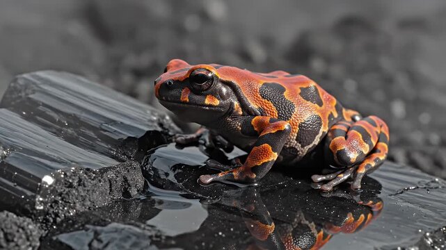 Vibrant Orange and Black Poison Dart Frog Perched on Wet Black Rocks in Natural Environment