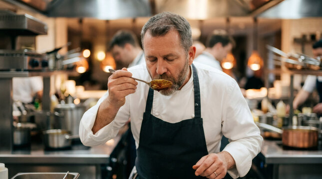 A chef in a professional kitchen tastes a dish from a spoon, closing his eyes in concentration and enjoyment.