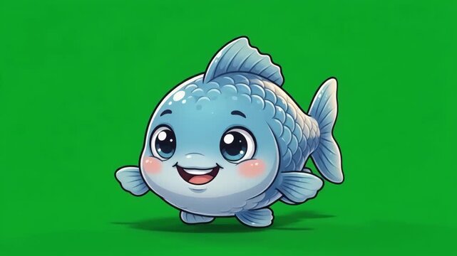 Cute cartoon blue fish smiling happily on green screen background, ideal for children's media and educational content