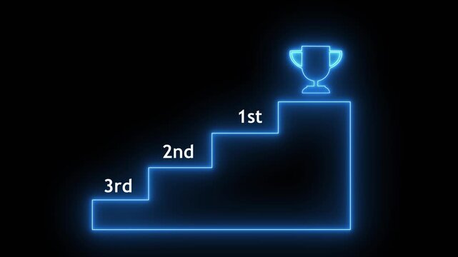 Neon blue Podium Steps 3rd, 2nd, 1st and finally Trophy Trophy on Black Background.Motion graphics of concept