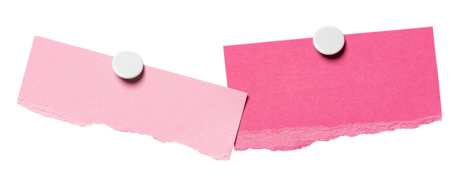 Isolated pinned torn ripped cut out pink paper notes with pins or thumbtacks with copy space for text, transparent png background design element